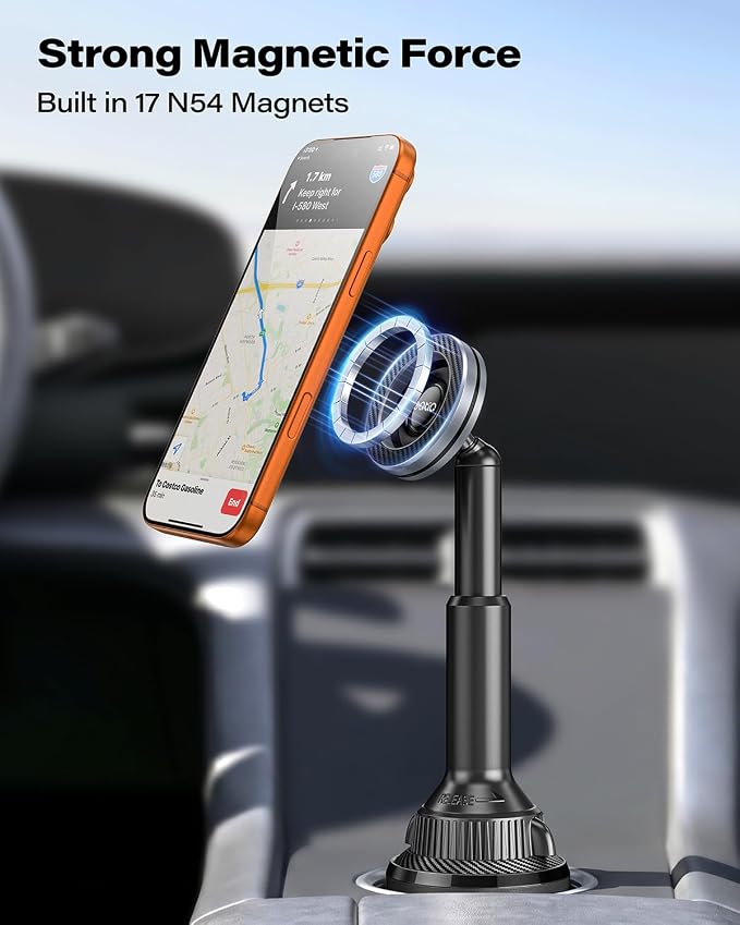 Phone Cup Holder for Car Mount for MagSafe, Quick Extension Long Arm | 360° Rotation, Fits 3"-4" Cup Holders - Stable & Secure for iPhone 12-17 Series, Carbon Fiber Pattern - Image 4