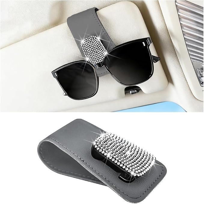 Bling Car Sun Visor Sunglasses Holder, Crystal Rhinestone Leather Visor Eyeglasses Ticket Card Mounter Clip, Shiny Diamond Auto Glasses Hanger Holder, Universal Fit (Gray/White) by Unknown