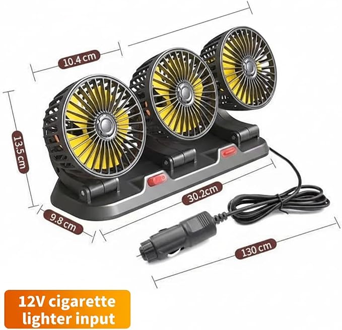 12V Car Fan Triple Head Electric Auto Fan - Powerful Dashboard Air Circulator with Cigarette Lighter Plug - 3 Speed 360° Rotatable Cooling Fan for Sedan SUV Van RV (Cigarette Lighter Plug-12V-Triple) - Image 2
