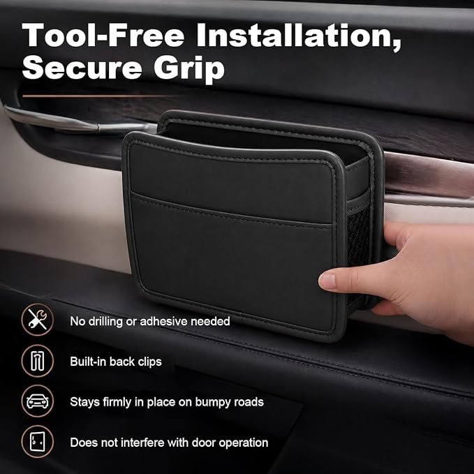 Car Seat Side Pocket Organizer, Leather Sewn Multifunctional Automotive Trash Bag, Small Vehicle Door Pouch for Cell Phone, Key, Wallet, Sunglasses (Black) - Image 4