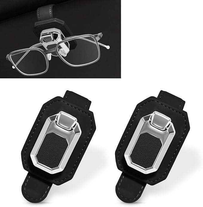 2PCS Sunglass Holder for Car Visor, Faux Leather Eyeglass Holder Clip for Car Sun Visor Organizer, Universal One Handed Operation Sun Glass Hanger, Car Interior Accessories for Women Man by Unknown