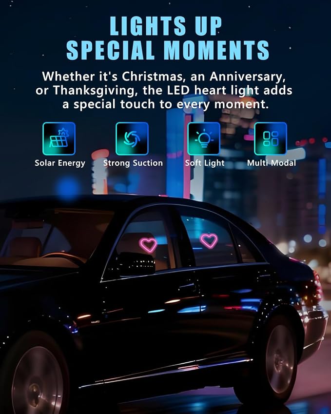 2PCS Solar-Powered Car Heart Lights, 5-Mode Wireless LED Ambient Light with Auto-On via Vibration Sensor, Romantic Car Interior Gift for Couples (Pink) - Image 2
