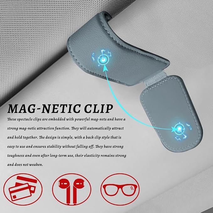 Sunglass Holder for Car, Car Sunglass Holder, Magnetic Leather Sunglasses Holder and Ticket Card Clip, Auto Multi-Functional Sun Visor Eyeglass Holders for SUV Pickup Truck (Light Grey) - Image 5