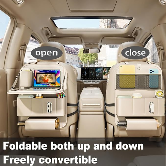 Backseat Car Organizer with Tray 1 Pack,Car Backseat Organizer with Foldable Table for Kids,Multifunctional Seat Back Organizer with Storage Pockets Car Storage Organizer (Beige) - Image 4