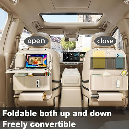 Backseat Car Organizer with Tray 1 Pack,Car Backseat Organizer with Foldable Table for Kids,Multifunctional Seat Back Organizer with Storage Pockets Car Storage Organizer (Beige) - Image 4