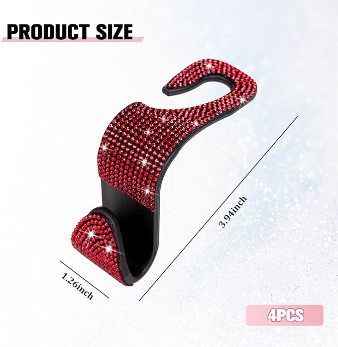 4PCS Bling Car Seat Headrest Hook, Crystal Rhinestone Backseat Hanger Organizer for Purse Handbag Umbrella, Shiny Auto Interior Seat Back Storage Holder Hook, Universal Fit (Red) - Image 2