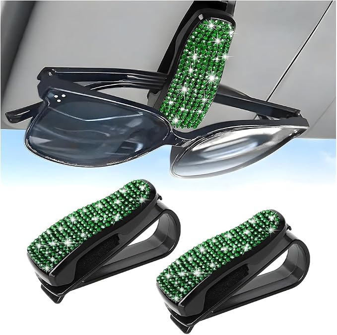 HZEL 2PCS Bling Sunglasses Holder for Car Visor, Crystal Rhinestone Sun Visor Eyeglasses and Ticket Card Mount Clip, Shiny Diamond Auto Glasses Hanger Holder, Universal for Vehicles (Dark Green) by Unknown