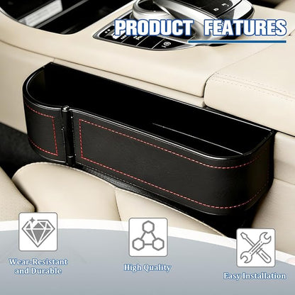 Car Seat Gap Filler Organizer with Cup Holder Expander, Leather Console Seam Filler Storage Box, Auto Front Seat Gap Organizer for Phones Keys Glasses, Universal Fit (Black/Red Driver) - Image 4