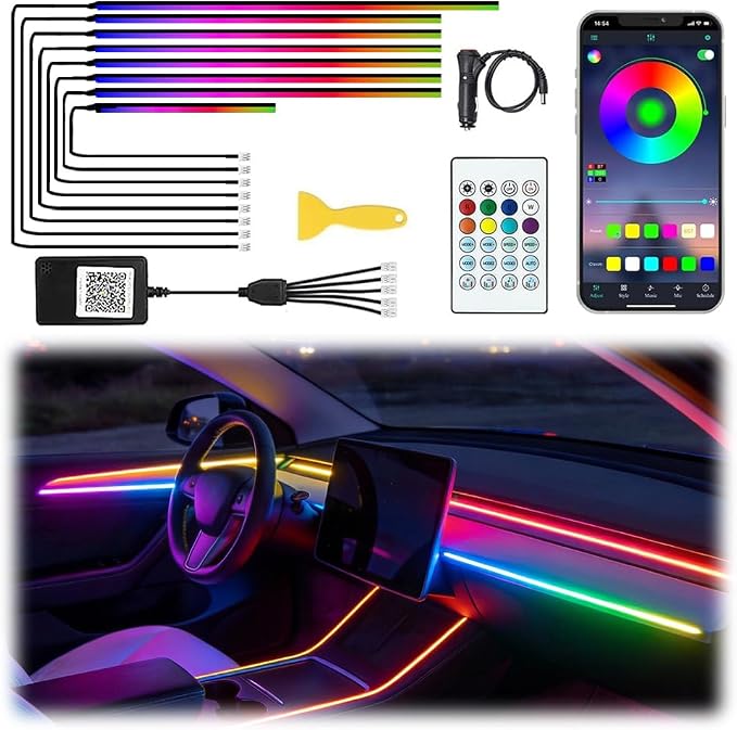 Acrylic Interior Car LED Lights with Remote and Wireless APP, Ambient Lighting Kits Fiber Optic Strip LEDs,16 Million Colors Music&DIY Function (8 in 1) by TEKSHINNY