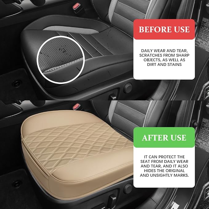 Leather Front Car Seat Cover, Anti-Slip Car Seat Bottom Covers, Full Wrapped Bottom Seat Protectors with Storage Pocket, Universal Comfortable Seat Cushion Fit Vehicles SUVs Trucks (Beige) - Image 4