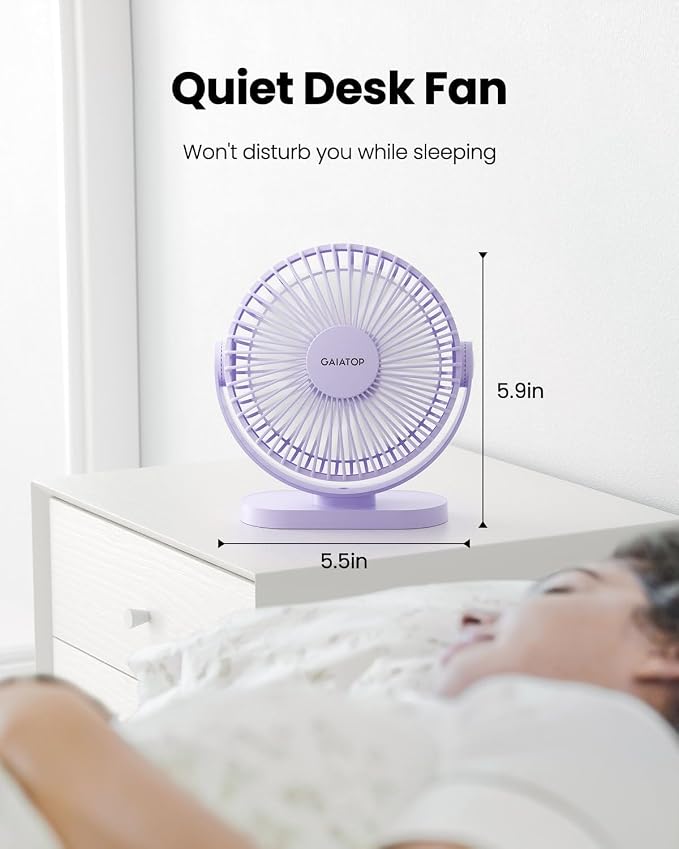 Gaiatop USB Desk Fan, 5.5 Inch Quiet 3 Speeds Small Portable Fan Purple | USB Powered, 5ft Cable, Mini Personal Desktop Table Fans, Powerful Cooling for Home, Office, Travel, Car, Indoor, Outdoor - Image 4