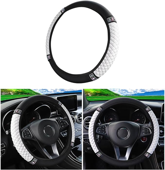 Osilly 15 Inch Rhinestone Leather Steering Wheel Cover, White | breathable non-slip surface, flexible ringless design, hand-stretch setup, fits matching rim sizes, automotive accessories by Osilly
