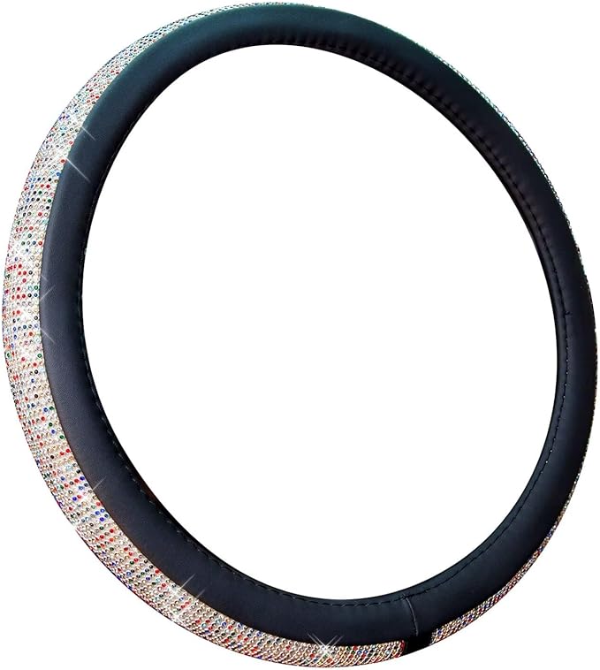 New Diamond Leather Steering Wheel Cover with Bling Crystal Rhinestones | Universal Fit 15 Inch Car Wheel Protector for Women Girls Black with Colorful Diamonds by ChuLian