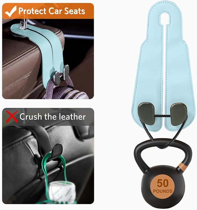 CoBak Purse Hook for Car - Universal Premium Stitched Leather and Aluminum-Magnesium Alloy Double Car Seat Back Storage Hook for Purses, Handbags, Bags (2 Pack),Baby Blue - Image 5