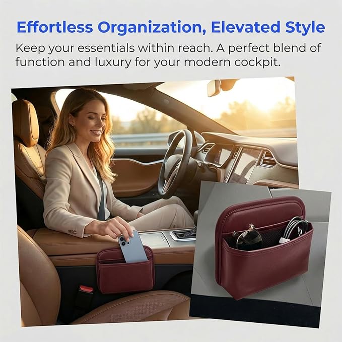 Car Seat Side Storage Bag, PU Leather Automotive Console Seat Gap Filler Organizer, Multifunctional Mini Vehicle Door Side Pouch for Phones, Keys, Wallets, Sunglasses (Red) - Image 3