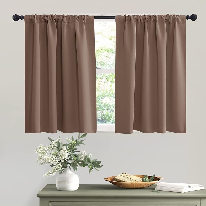 RYB HOME Short Mocha Blackout Curtains for Small Bedroom Window Kitchen | Thermal Insulating, UV Blocking, Privacy Protection, Drapes/Tiers for Basement Garage Bathroom, W42 x L36, 2 Panels by RYBHOME