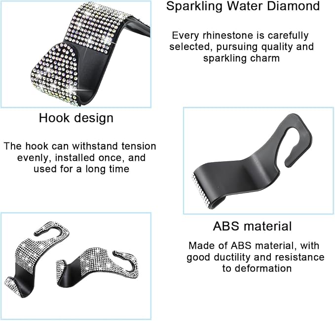 Mandark 4PCS Rhinestone Headrest Hooks for Bags and Umbrellas, White | ABS construction with rhinestones, half-open installation, holds bags and umbrellas, fits many seat posts - Image 3