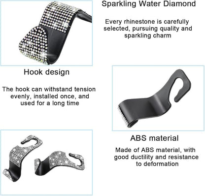 Mandark 4PCS Rhinestone Headrest Hooks for Bags and Umbrellas, White | ABS construction with rhinestones, half-open installation, holds bags and umbrellas, fits many seat posts - Image 3