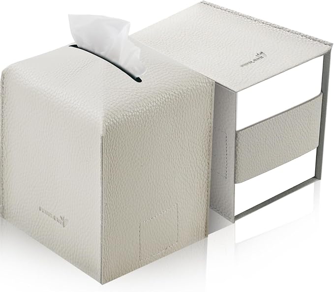 Tissue Box Cover 5X5X5'' PU Leather Tissue Holder Square Tissue Cube Box Organizer for Bathroom Vanity Countertop, Car, Night Stands, Office, Home, Kitchen (2Pack, Lime White) by PENGLONGHOMEDECORATION