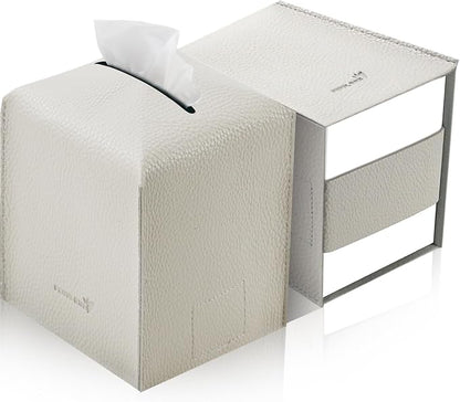 Tissue Box Cover 5X5X5'' PU Leather Tissue Holder Square Tissue Cube Box Organizer for Bathroom Vanity Countertop, Car, Night Stands, Office, Home, Kitchen (2Pack, Lime White) by PENGLONGHOMEDECORATION