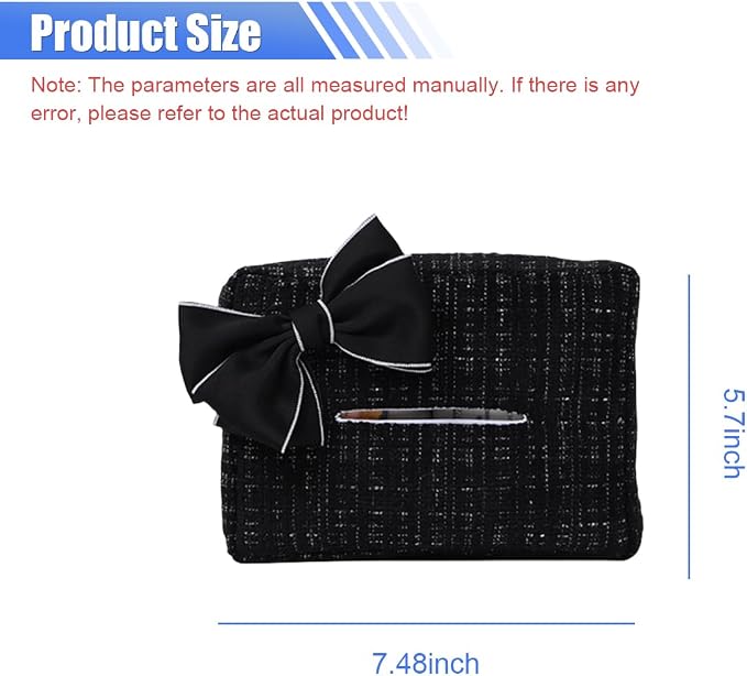 Car Tissue Holder, Cute Bow Tissue Box Cover for Auto Backseat, Rectangle Auto Napkin Holder Keep Car Tidy, Universal Napkin Storage Organizer for Vehicle Sun Visor, Headrest (Black) - Image 2