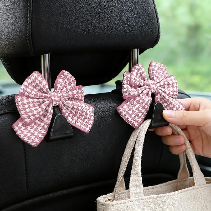2PCS Car Seat Headrest Hooks, Car Purse Hook, Cute Bow Knot Vehicle Seatback Hanging Storage Organizer, Auto Seatback Decor Organizer Hanger for SUV Truck (Houndstooth/Pink) - Image 6