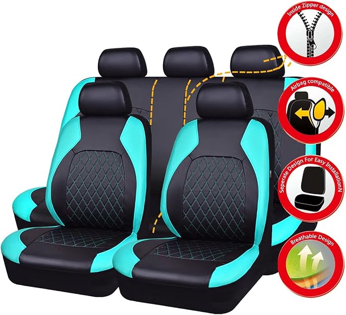 Universal Deluxe Pu Luxury Vinyl Faux Leather Car Seat Covers Full Set, Airbag Compatible, Breathable, Fit for Cars, Trucks, SUV (Black and Mint) - Image 8