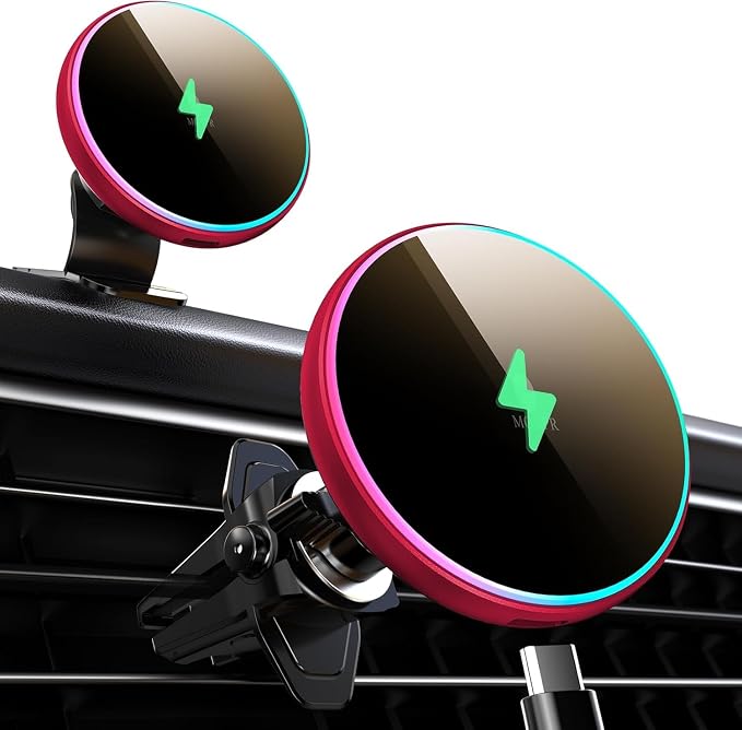 for Magsafe Car Mount Charger 15W LED RGB Car Phone Holder for Dash Vent | HandsFree Magnetic Wireless Car Charger Car Mount Fast Car Charger for iPhone 17 16 15/14/13/12 Series Red by MOKPR