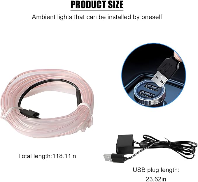 EL Wire Car LED Strip Lights, 10FT 5V USB Vehicle Ambient Lighting Kit with Fuse Protection, Automotive Interior Neon Decoration Lamp with 5mm Sewing Edge, Universal Fit (White) - Image 2