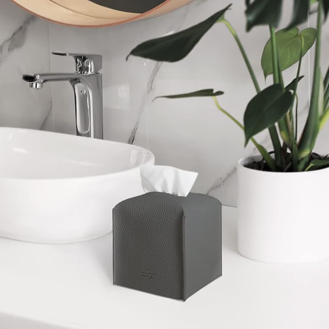 Carrotez Tissue Box Cover, [Refined] Modern PU Leather Square Tissue Box Holder - Decorative Holder/Organizer for Bathroom Vanity Countertop, Night Stands, Office Desk & Car 5"X5"X5" - Charcoal - Image 8