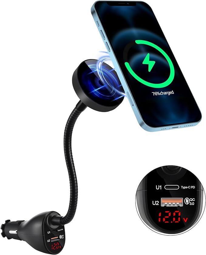 Mag-Safe 15W Car Cigarette Lighter Wireless Charger, Magnetic Auto-Alignment Air Vent Mount Holder with Dual Port PD&QC3.0 Fast Charging for iPhone 13/13 Pro/ 13 Pro Max/12 Series by DACK