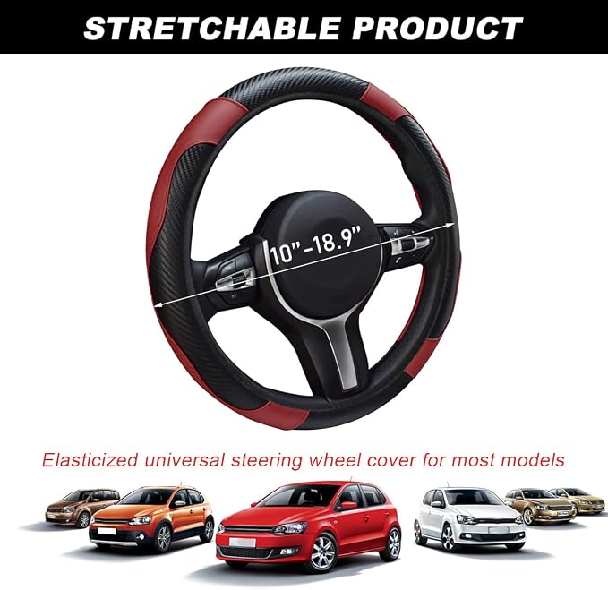 DXNQ Car Steering Wheel Cover, 15 Inch Carbon Fiber Leather Stitching Color Steering Wheel Protector, Anti-Slip Elastic Breathable Steering Wheel Cover Stylish Decor for Most Cars (Wine Red) - Image 2