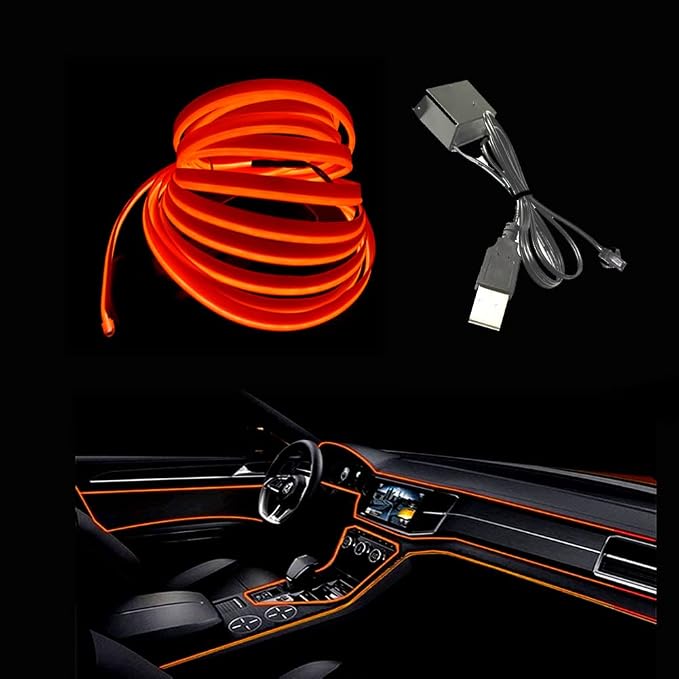 El Wire Orange Interior Car LED Strip Lights, 3M Neon Wire USB 5V with Fuse Protection for Automotive Interior Decoration, with 6mm Sewing Edge by Maxlaxer