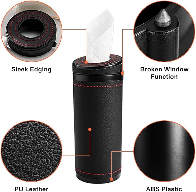 Car Tissue Tube, Cylinder Tissue Box Diameter 2.75'' PU Leather Round Tissues Container for Car Cup Holder, Up to 30 Count Tissue - Image 3