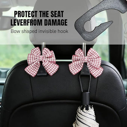 2PCS Car Seat Headrest Hooks, Car Purse Hook, Cute Bow Knot Vehicle Seatback Hanging Storage Organizer, Auto Seatback Decor Organizer Hanger for SUV Truck (Houndstooth/Pink) - Image 5