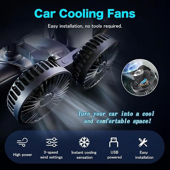 Car fan, portable USB powered dual head car cooling fan with 3-speed air speed and 360 ° rotation, car fan with adjustable clip, suitable for sedans, SUVs, RV trucks (black) - Image 3
