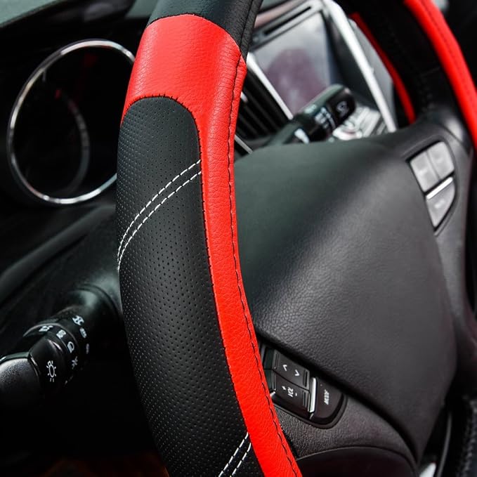 CAR PASS Line Rider Microfiber Leather Sporty Steering Wheel Cover Universal Fits for 95% Truck,SUV,Cars,14.5-15inch Anti-Slip Safety Comfortable Desgin (Black-Red) - Image 5
