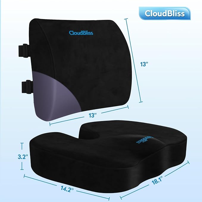 CloudBliss Ergonomic Seat Cushion & Lumbar Support Pillow Set, Black,Large | Back Pain & Sciatica Relief, Memory Foam Support, Adjustable Straps, Machine Washable Velvet, Perfect for Office, Car, Gaming - Image 5