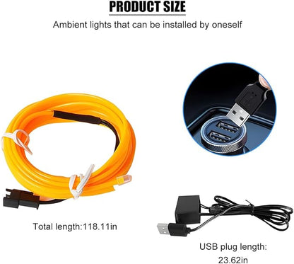EL Wire Car LED Strip Lights, 10FT 5V USB Vehicle Ambient Lighting Kit with Fuse Protection, Automotive Interior Neon Decoration Lamp with 5mm Sewing Edge, Universal Fit (Yellow) - Image 2