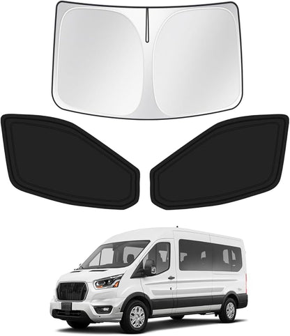 Canvcle Window Shades for 2015-2025 2026 Ford Transit (NOT for Low Roof) Accessories Windshield Sun Shade Side Window Cover Sunshade Sun Shield Privacy Protection for Camping Keep Car Cool Black 3PCS by Canvcle