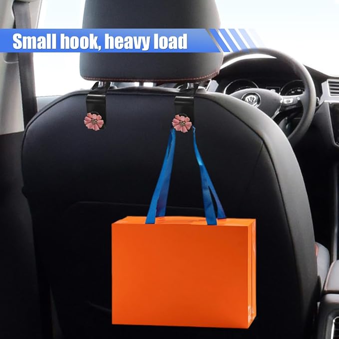 Craedli 2PCS Bling Car Seat Headrest Hook, Cute Rhinestone Flower Seat Back Storage Organizer Hanger Car Purse and Bag Hooks Holder, Universal Interior Accessories for Handbag Grocery Bag Coat (Pink) - Image 4