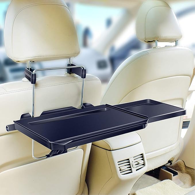 2 in 1 Car Steering Wheel Tray / Back Seat Headrest Tray for Eating Food Drink and Writing Laptop Work, XERGUR Black Car Desk - Image 2