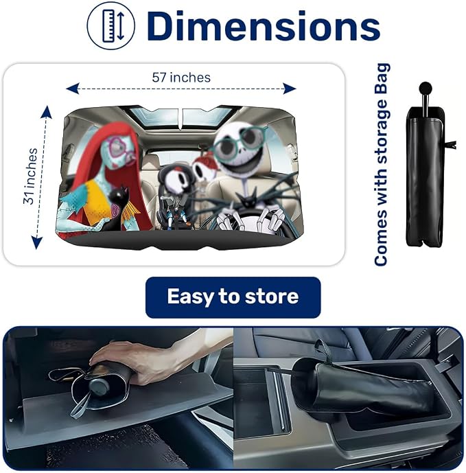 GENANY Skellington Umbrella Sunshade for Car Windshield (57x31 Inches) | 360°Rotation Bendable Handle, Foldable Car Windshield Sunshade Umbrella for SUV Truck, Protector Blocks UV - Image 2