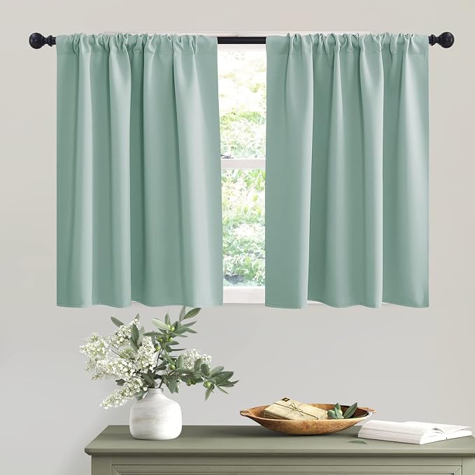 RYB HOME Short Blackout Privacy Curtains 30 inch Long for Bathroom Window | Thermal Insulated, Heat Blocking, Rod Pocket, Half Window Curtain Tiers for Nursery Bedroom, W42 x L30, Aqua, 2 Panels by RYBHOME