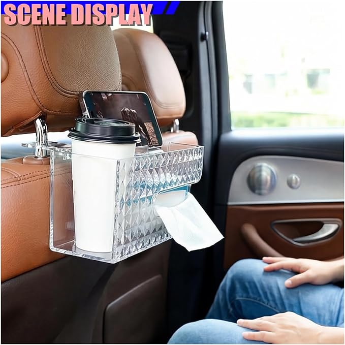 Car Back Seat Organizer, Automotive Drink Cup Holder with Hooks, Multifunctional Tissue Storage Box with Phone Holder, Vehicle Interior Organizer Accessories for Sedan, SUV, Truck (Clear) - Image 4