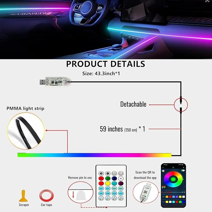Dreamcolor Acrylic Interior Car LED Strip Lights,43.3in USB RGB Neon Flexible Strip Fiber Optic LED Ambient Lighting Kits with Remote APP, RGB Music Lights Sync for Inside car Decorations - Image 7