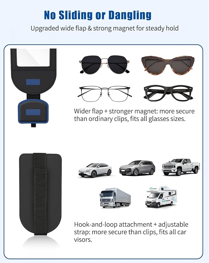 Car Visor Sunglasses Holder, 3 in 1 Glasses Clip with Photo Picture Display & Extra Storage Pocket, Anti-Slip Universal Sun Visor Organizer, 2026 Upgraded (2, Black) - Image 7