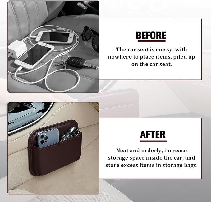 Car Seat Side Pocket Organizer, Self-Adhesive Leather Vehicle Seat Console Storage Pouch Box for Phones, Keys, Pens, Auto Interior Door Organizer Pocket Bag, Universal for Vehicles (Coffee) - Image 4