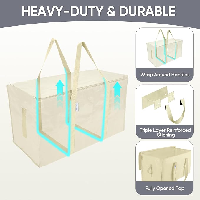 TICONN 6 Pack Extra Large Moving Bags Heavy Duty with Zippers & Carrying Handles, Durable Storage Bags Moving Boxes for Closet Organizers and Storage (6 Pack, Cream) - Image 3
