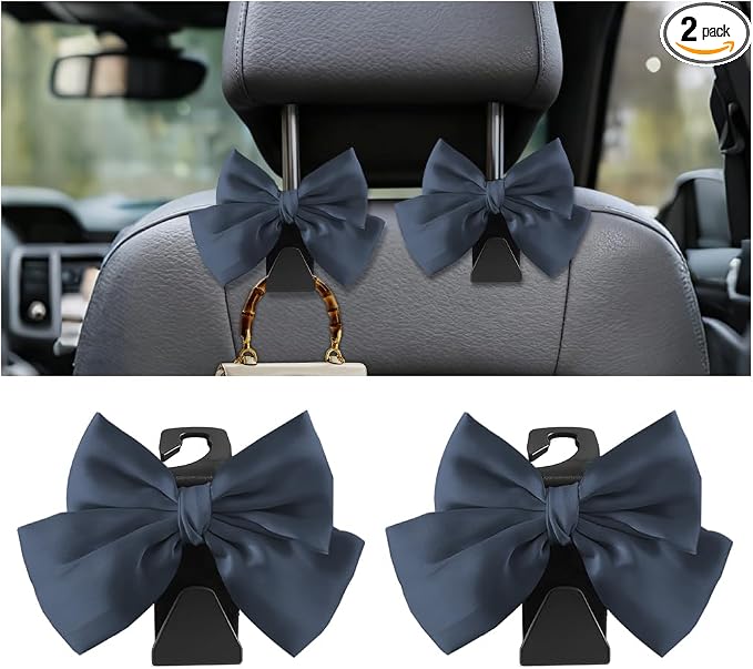 2PCS Car Seat Headrest Hook, Cute Bow Stylish Seat Back Purse Handbag Hanger Organizer, Multi-Purpose Auto Backseat Storage Hook Holder for Umbrella Coat Bag, Universal Fit (Dark Blue) by Unknown